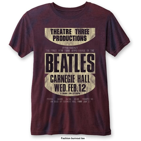 The Beatles Unisex Burn Out T-Shirt: Carnegie Hall (Large)