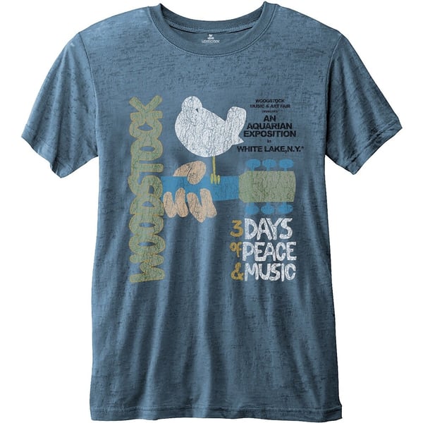 Woodstock Unisex Fashion Tee: Classic Vintage Poster with Burn Out Finishing (Small)