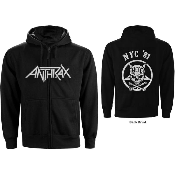Anthrax Unisex Zipped Hoodie: Not Man NYC (Back Print) (Small)