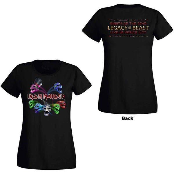 Iron Maiden Ladies T-Shirt: Legacy of the Beast Live Album Skulls (Back Print) (Large)