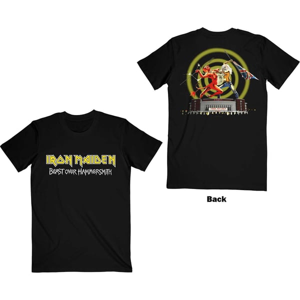 Iron Maiden Unisex T-Shirt: Beast Over Hammersmith Eddie & Devil (Back Print) (Medium)