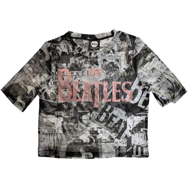 The Beatles Ladies Crop Top: All Over Print & Drop T Logo (Mesh) (X-Large)