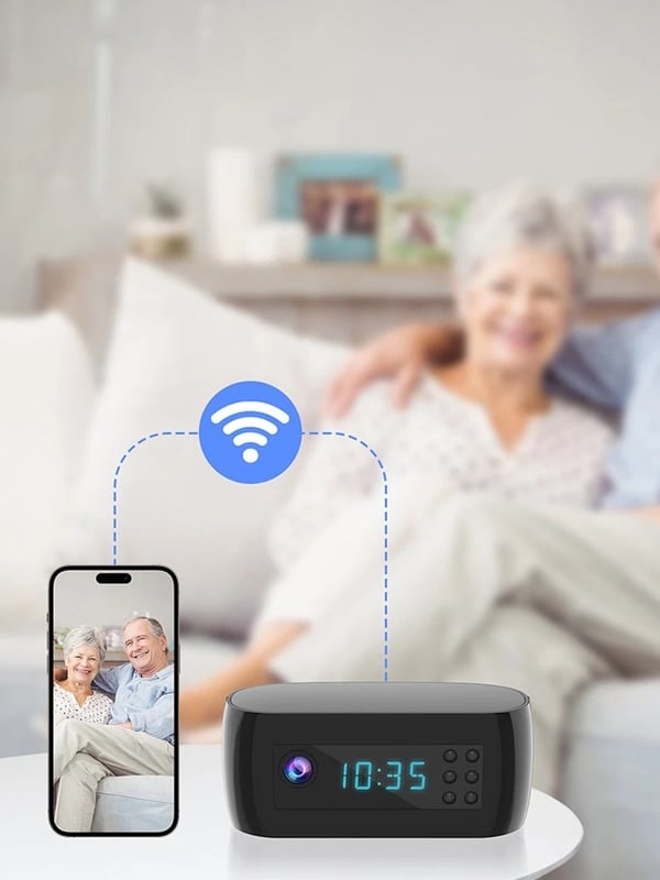 Digitaalinen kauko-ohjattava / liiketunnistimella varustettu WiFi-kelloradio piilokameralla ja pimeänäöllä, akulla