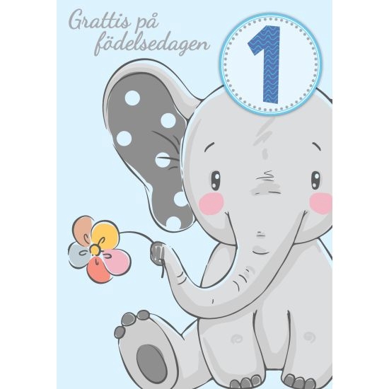 Enkelt Barnkort 1 år, Elefant, Blå - Spader