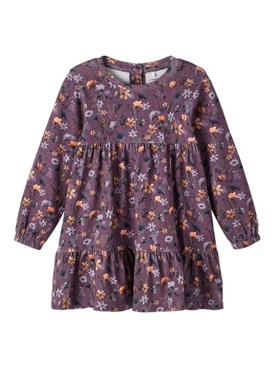 Name it langærmet kjole, lilla blomster, størrelse 104