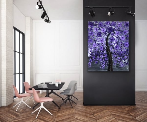 Malerie med lilla blomster – Håndlaget teksturkunst av Anita