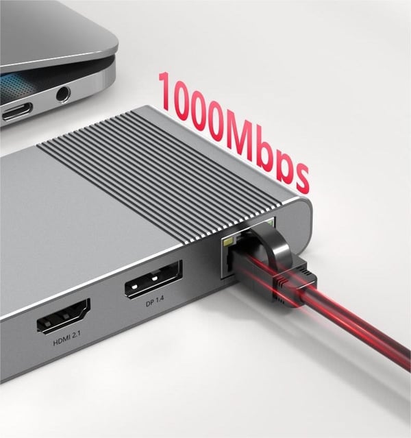 NÖRDIC USB-C 1 til 12 Dokkingstasjon 1xDP 8K30Hz 1xHDMI 8K30Hz 1xRJ45 GigaLan 1xUSB-C PD100W 3xUSB 10G 1xUSB 5G 1xSD 1XMicroSD 1x3,5 mm