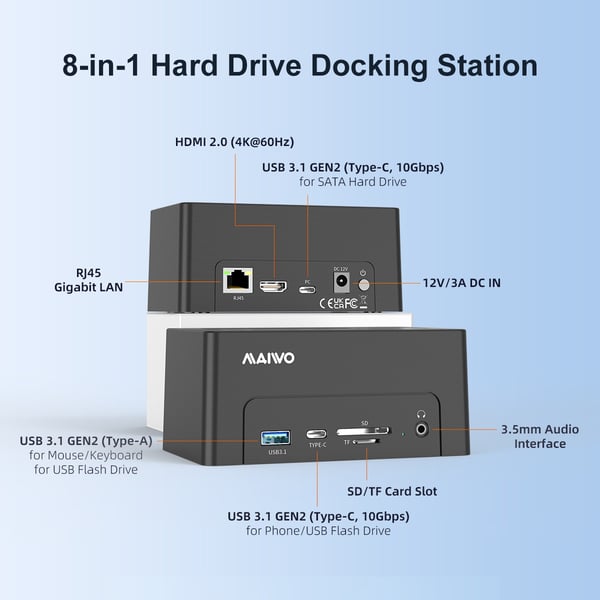 Maiwo USB-C-dokkingstasjon 2,5"/3,5" 1x SATA HDD SSD & SD/TF-minnekort, HDMI2.0 4K60Hz RJ45 GigaLan USB-A & USB-C 10Gbps