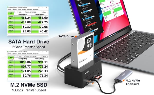 Maiwo USB-C-dokkingstasjon 2,5"/3,5" 1x SATA HDD SSD & SD/TF-minnekort, HDMI2.0 4K60Hz RJ45 GigaLan USB-A & USB-C 10Gbps