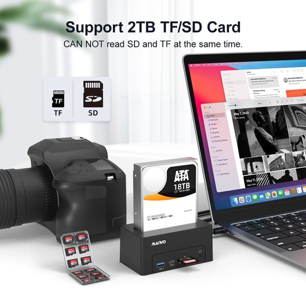 Maiwo USB-C-dokkingstasjon 2,5"/3,5" 1x SATA HDD SSD & SD/TF-minnekort, HDMI2.0 4K60Hz RJ45 GigaLan USB-A & USB-C 10Gbps