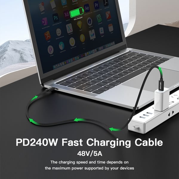 NÖRDIC 50 cm USB 3.2 Gen 2 USB-C til C nylonflettet kabel PD3.1 240W 20G 4K60Hz svart