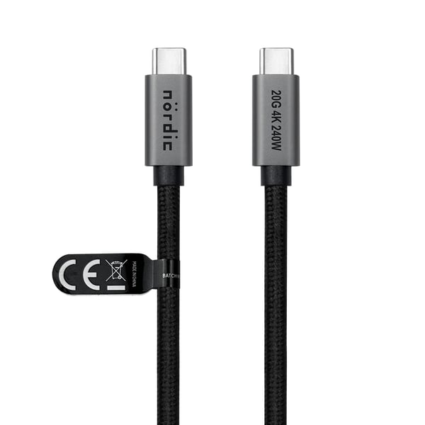 NÖRDIC 1,5 m USB 3.2 Gen 2 USB-C - C nylon punottu kaapeli PD3.1 240W 20G 4K60Hz harmaa