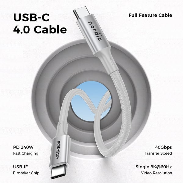 NÖRDIC 1,5m USB4 USB-C til C nylonflettet kabel PD3.1 med 240W hurtiglading 40G 8K60Hz 4K120Hz 5K60Hz 2x4K60Hz Emarker