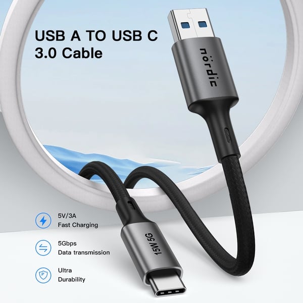 NÖRDIC 5m USB3.2 Gen1 USB-C til A nylonflettet kabel hurtiglading 3A 5Gbps 15W grå