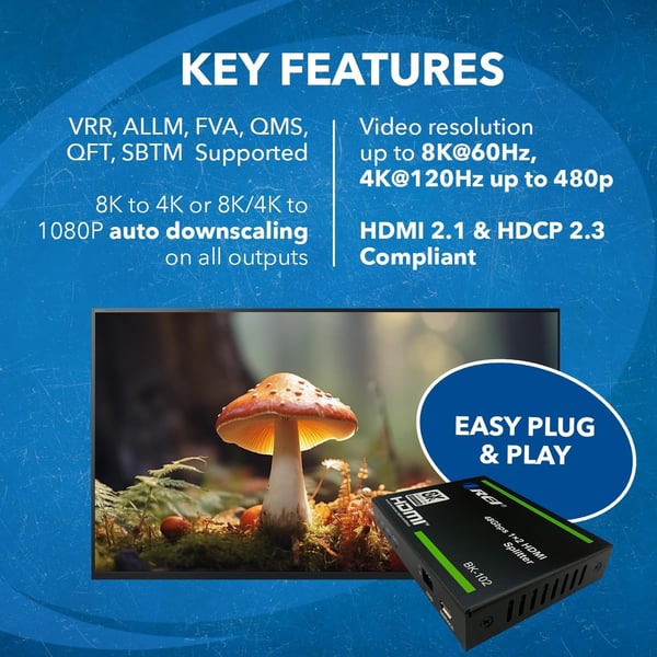 NÖRDIC 8K HDMI 2.1 Splitter 1 til 2 & Ekstraktor Optisk SPDIF & Stereo HDR EDID Dolby Atmos, True HD, Digital Plus, DTS-HD Master