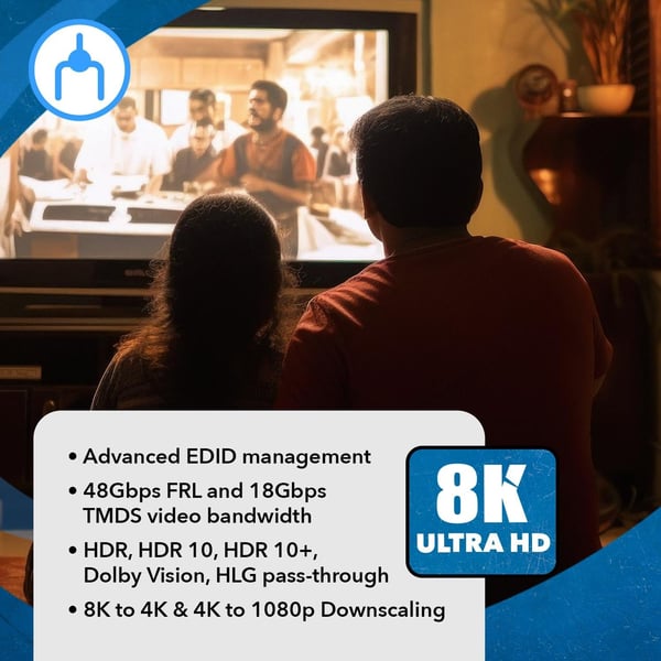 NÖRDIC 8K HDMI 2.1 Splitter 1 til 2 & Ekstraktor Optisk SPDIF & Stereo HDR EDID Dolby Atmos, True HD, Digital Plus, DTS-HD Master