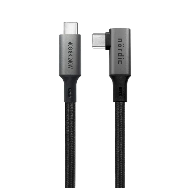 NÖRDIC kulmikas 2 m USB4 USB-C - C Nylon punottu kaapeli PD3.1 240W 40G 8K60Hz 4K144Hz harmaa