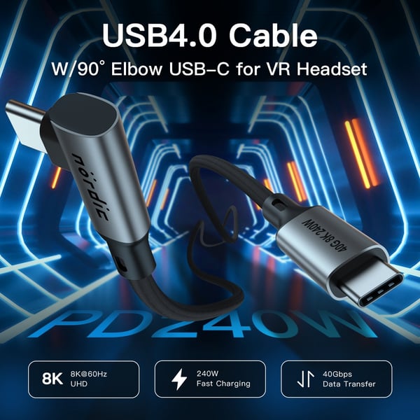 NÖRDIC Vinklet 25 cm USB4 USB-C til C nylonflettet kabel PD3.1 240W 40G 8K60Hz 4K144Hz grå