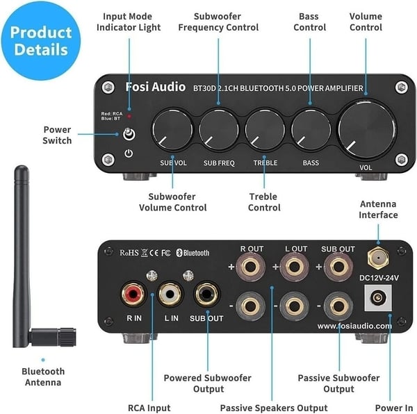 Fosi Audio BT30D Bluetooth 5.0 Stereo Audio Mottaker Forsterker 2.1 Kanal Hi-Fi Klasse D Integrert Amp 2X50 Watt