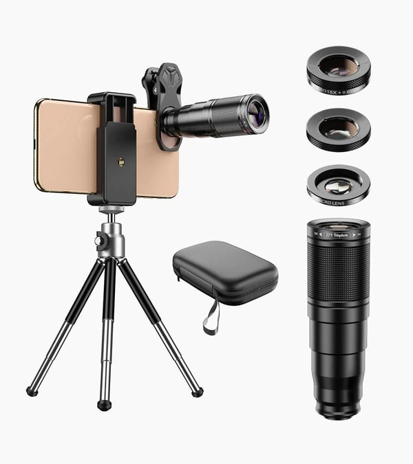 APEXEL 6-i-1 Telefonlinsesett – 22X teleobjektiv, 205° fisheye-linse, 120° vidvinkellinse & 25X makrolinse