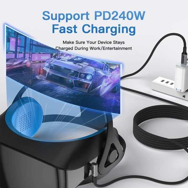 NÖRDIC vinklet 2m USB4 USB-C til C Nylonflettet kabel PD3.1 240W 40G 8K60Hz 4K144Hz Grå