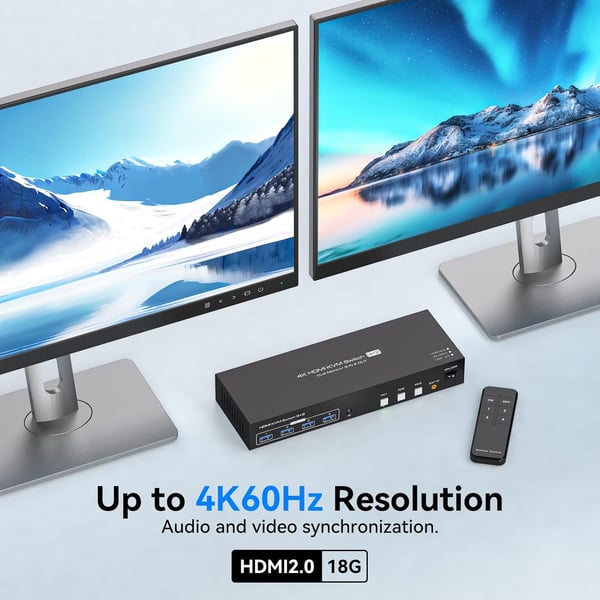 NÖRDIC HDMI KVM-switch 3 datamaskiner 2 skjermer 4K60Hz EDID 4 USB 3.0 porter med fjernkontroll