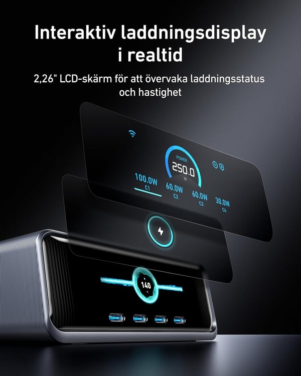 Anker Prime 250 W USB-C-lader, Ekstremt rask 6-ports GaN, 6 cm LCD-skjerm, Smart Control-kontroller