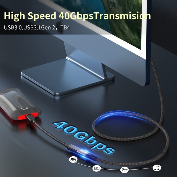 NÖRDIC 0,5m Thunderbolt 4 forlengelseskabel, USB-C hann til hunn, 240W hurtiglading, 40Gbps, 8K 60Hz