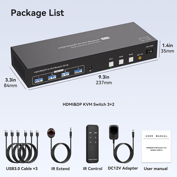 NÖRDIC KVM-svitsj 3 til 2 8K60Hz DP 1.4 HDMI 2.0 KVM USB 3.0