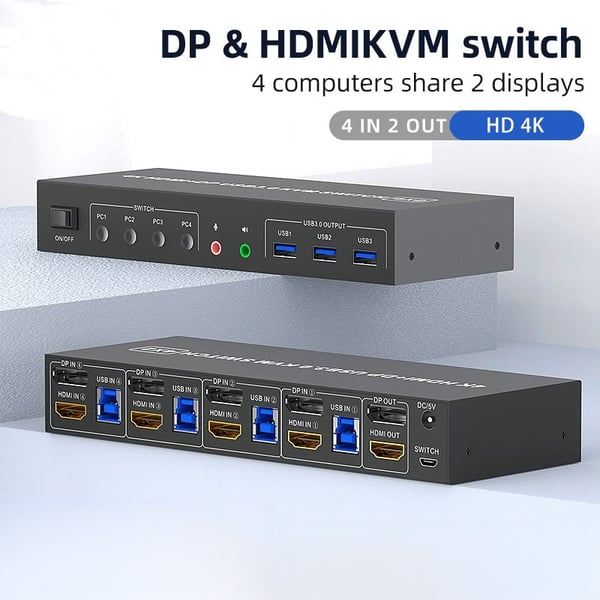 NÖRDIC KVM 4x2-svitsj 4PC til dobbel skjerm HDMI og DP 4K60Hz med 2x3,5mm og 3xUSB-A