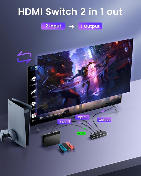 NÖRDIC HDMI 2.1 -svitsj 2 til 1 8K60Hz 4K@120Hz med fjernkontroll, aluminium