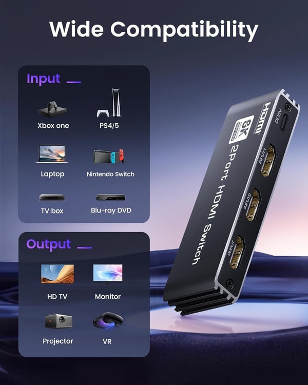NÖRDIC HDMI 2.1 -svitsj 2 til 1 8K60Hz 4K@120Hz med fjernkontroll, aluminium