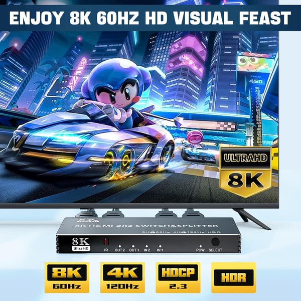 NÖRDIC HDMI 2.1-svitsj og splitter 2x2 8K60Hz 4K120Hz HDR HDCP2.3