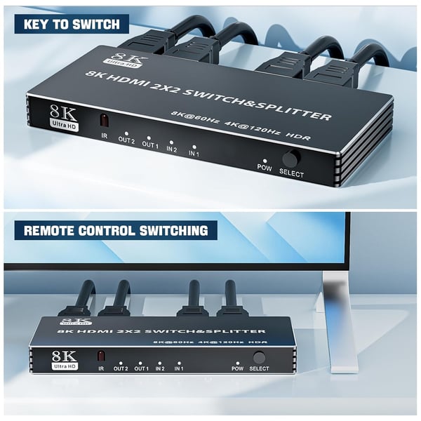NÖRDIC HDMI 2.1-svitsj og splitter 2x2 8K60Hz 4K120Hz HDR HDCP2.3