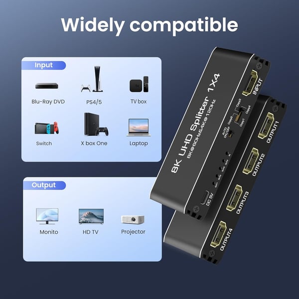 NÖRDIC 1 til 4 Splitter HDMI 2.1 8K60Hz 4K120Hz