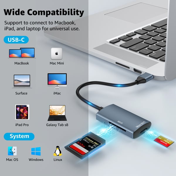 NÖRDIC USB-C 3.0 Kortleser 2 spor SD3.0, MicroSD3.0 UHS-I