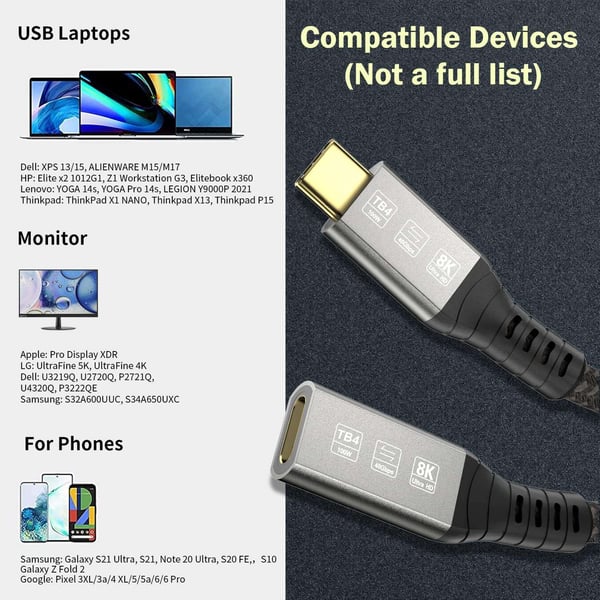 NÖRDIC 2m Thunderbolt 4 forlengelseskabel, USB-C hann til hunn, 100W hurtiglading, 40Gbps, 8K 60Hz