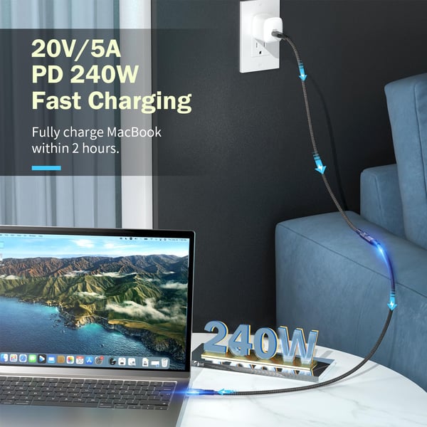 NÖRDIC 2m USB3.2 Gen2 20Gbps USB-C til C nylonflettet forlengelseskabel med Power Delivery 240W 4K60Hz