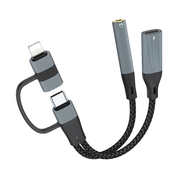 NÖRDIC USB-C+Lightning - äänikaapeli 3,5 mm PD60W USB-C 15 cm