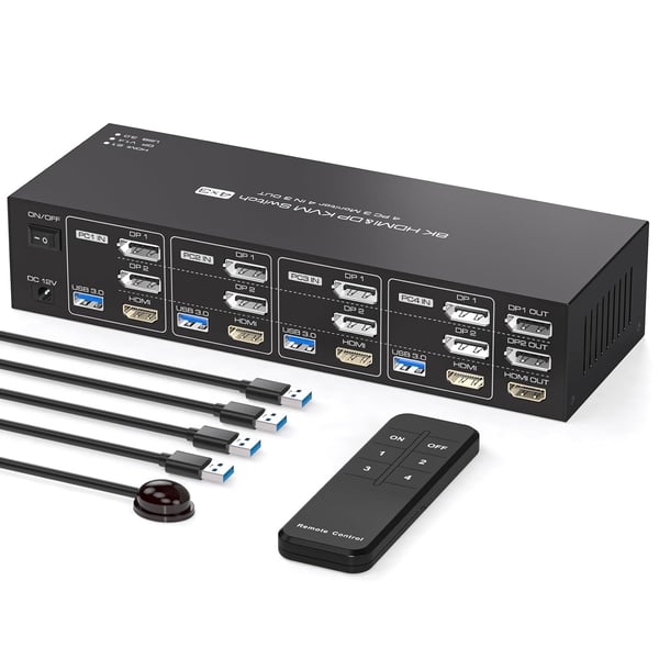 NÖRDIC KVM Switch 4 til 3, 4xUSB3.0 2xDP 1xHDMI 8K60Hz med trådløs kontroll