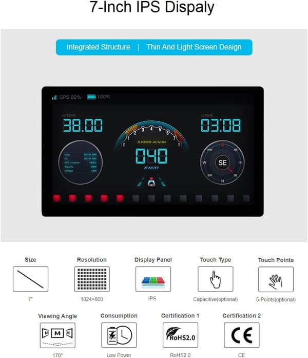Waveshare 7-tommer HDMI Display Touch LCD 1024 x 600 IPS Skærm Understøtter Alle Versioner af Raspberry Pi Windows-skærm