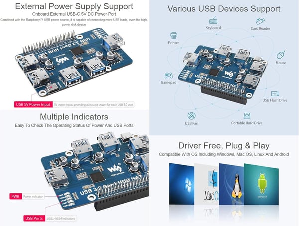 Waveshare USB 3.2 Gen1 HUB HAT for Raspberry Pi 4 med 4x USB 3.2 Gen1-porter opptil 5 Gbps