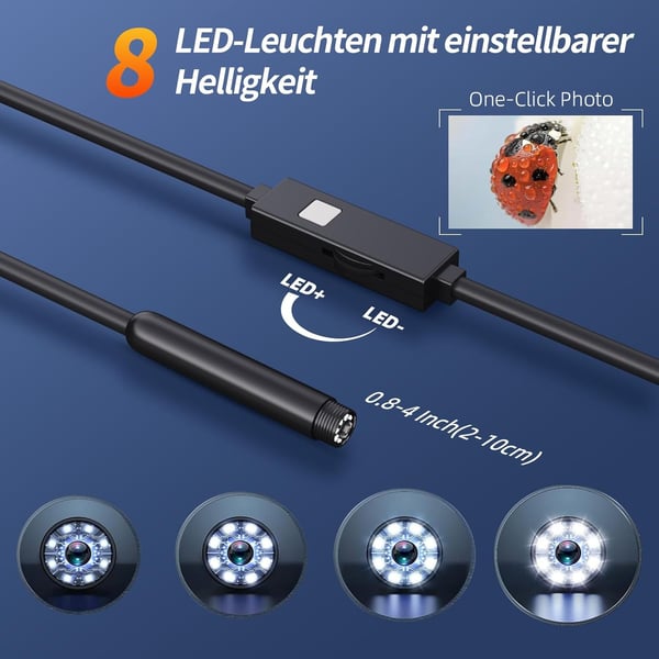 NÖRDIC Endoskopkamera for mobiltelefon med lys, 1080P HD, 8 LED-lys, vanntett IP67, ingen WiFi nødvendig, Android og iOS