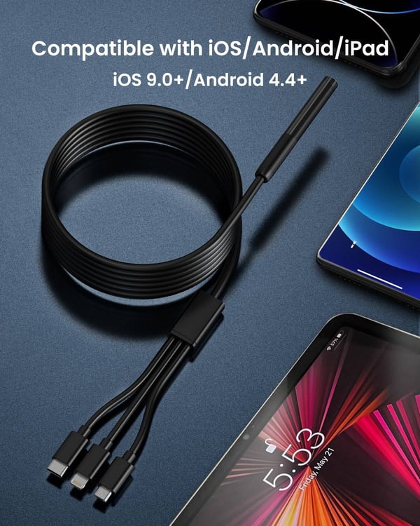 NÖRDIC Endoskopkamera for mobiltelefon med lys, 1080P HD, 8 LED-lys, vanntett IP67, krever ikke WiFi, Android og iOS