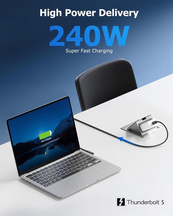 Cable Matters Intel Sertifisert 80G Thunderbolt 5 Kabel med vinklet kontakt 240W ladeeffekt - 0,8m, Kompatibel med Thunderbolt 4, USB4 og USB-C, Svart