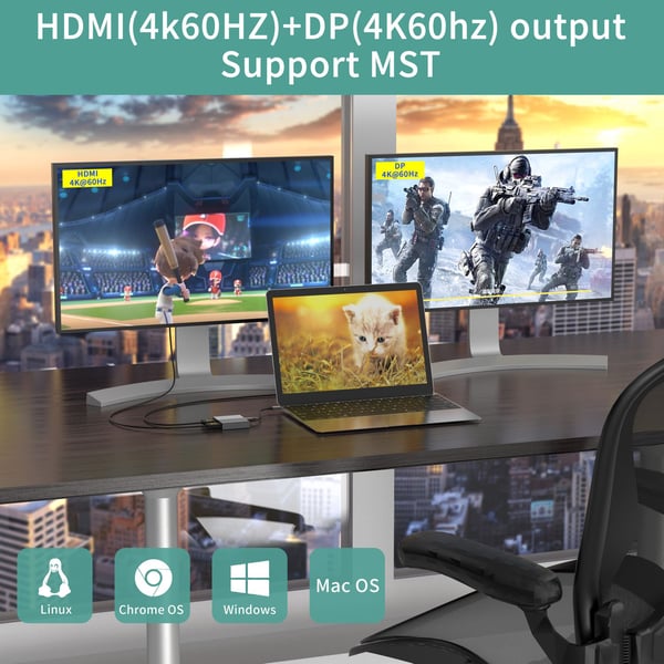 NÖRDIC 1 til 4 USB-C Dokkingstasjon 1xHDMI-4K60Hz, 1xDP-4K60Hz Doble skjermer 1xUSB-C PD100W 1xUSB-A 5G