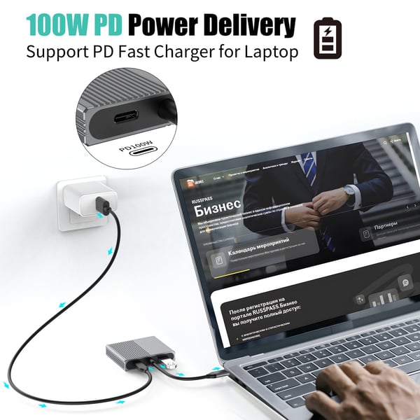 NÖRDIC 1 til 4 USB-C Dokkingstasjon 2xHDMI Doble skjermer 1xUSB-C PD100W 1xUSB-A 5G
