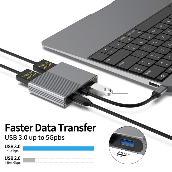 NÖRDIC 1 til 4 USB-C Dokkingstasjon 2xHDMI Doble skjermer 1xUSB-C PD100W 1xUSB-A 5G