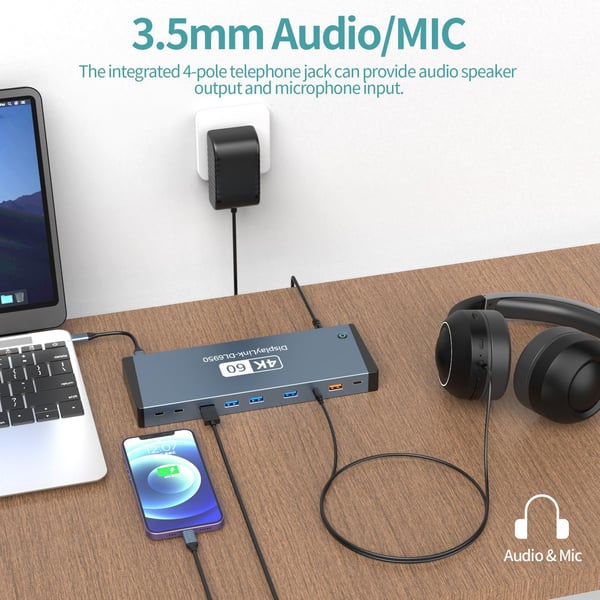 NÖRDIC USB-C DisplayLink Dokkingstasjon 1 til 17 Doble skjermer HDMI + DP, 1xUSB-C PD 100W, 1xUSB-C QC, 2xUSB-C, 1xUSB-A QC, 4xUSB-A, 1xGigaLan