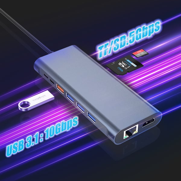 NÖRDIC USB-C 1 til 14 Dokkingstasjon Triple skjermer, 2xHDMI, 1xDP, 1xUSB-C PD 100W, 2xUSB-C, 4xUSB-A, med Ethernet